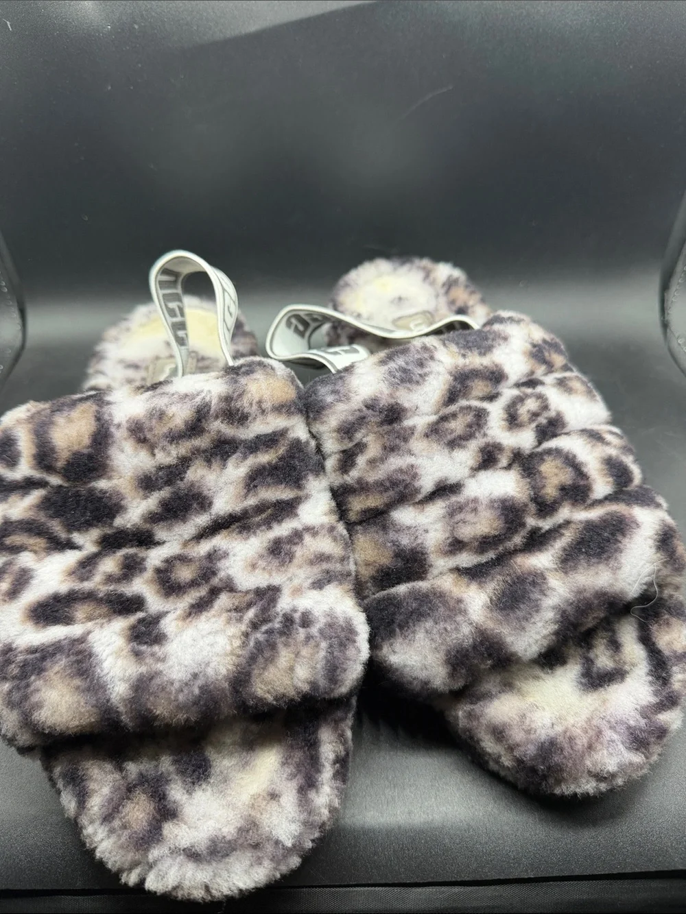 UGG Faux Fur Leopard Print Slide Slippers - Gray/Black